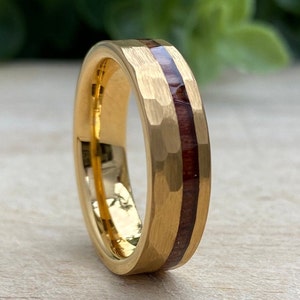 Yellow Gold Hammered Tungsten Ring 6mm Wood Inlay Men Women Wedding Band Comfort Fit Size 5 to 14 Husband Wife Anniversary Valentines Gift