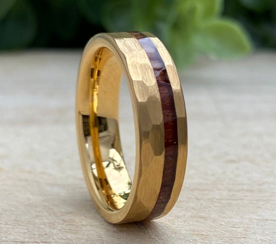 Yellow Gold Hammered Tungsten Ring 6mm Wood Inlay Men Women Wedding Band Comfort Fit Size 5 to 14 Husband Wife Anniversary Valentines Gift