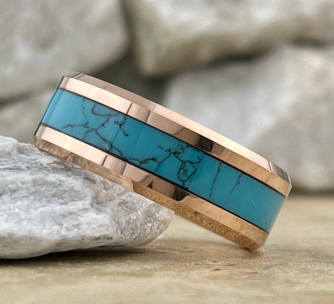 Turquoise Wedding Band Rose Gold Tungsten Ring Men Women 8mm Comfort ...