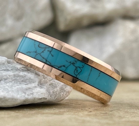 Turquoise Wedding Band Rose Gold Tungsten Ring Men Women 8mm Comfort Fit Ring Size 5 to 15 His And Hers Anniversary Promise Engagement Ring