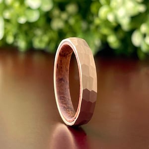 Rose Gold Hammered Wedding Band Thin Wood Inside Tungsten Ring Women Men 4MM Thin Matte Finish Size 5 to 13 Anniversary Engagement Gift Idea image 4