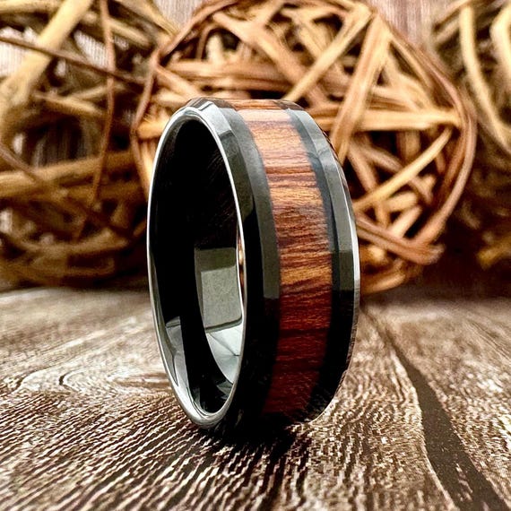 Black Wedding Band With Koa Wood Inlay Men Tungsten Carbide Ring Women Proposal Ring 8mm Width