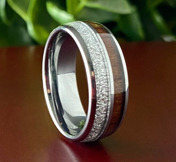 Wood Meteorite Grey Tungsten Ring Male Wedding Band Polished 2-Inlay Domed Design  8MM Size 5 to 15 Mens Anniversary Engagement Promise Gift