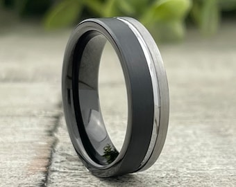 Black Wedding Anniversary Ring Grey Men Women Tungsten Ring 6MM Channel Brushed Design Size 4 to 14 His Her Engagement Promise Ring