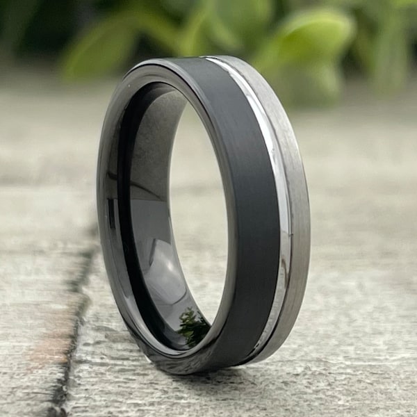 Black Wedding Anniversary Ring Grey Men Women Tungsten Ring 6MM Channel Brushed Design Size 4 to 14 His Her Engagement Promise Ring