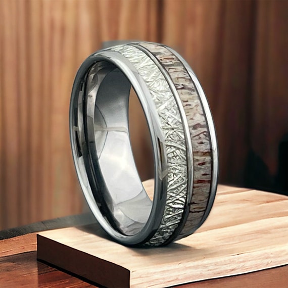 Men Wedding Band Meteorite Deer Antler Tungsten Ring Silver Grey Color 8MM Width Anniversary Promise Ring His Engagement Gift