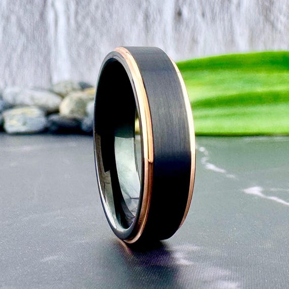 Two Tone Black Rose Gold Tungsten Ring Men Women Wedding Band 6mm Classy Brushed Beveled Design