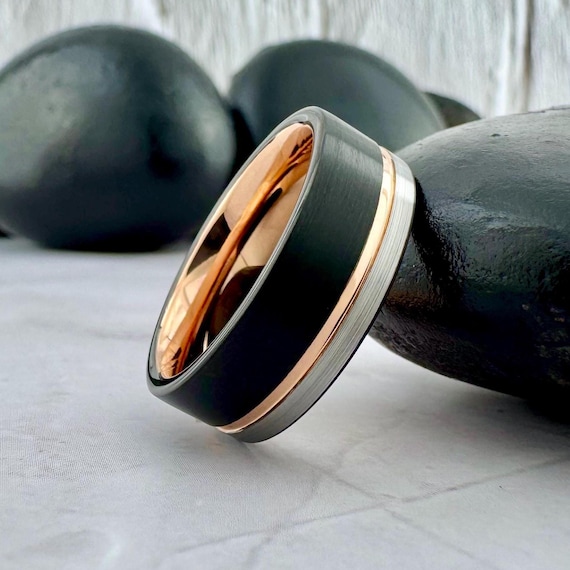Mens Rose Gold Wedding Band Black Gray Brushed Tungsten Ring Three Tone 8MM Engagement Ring