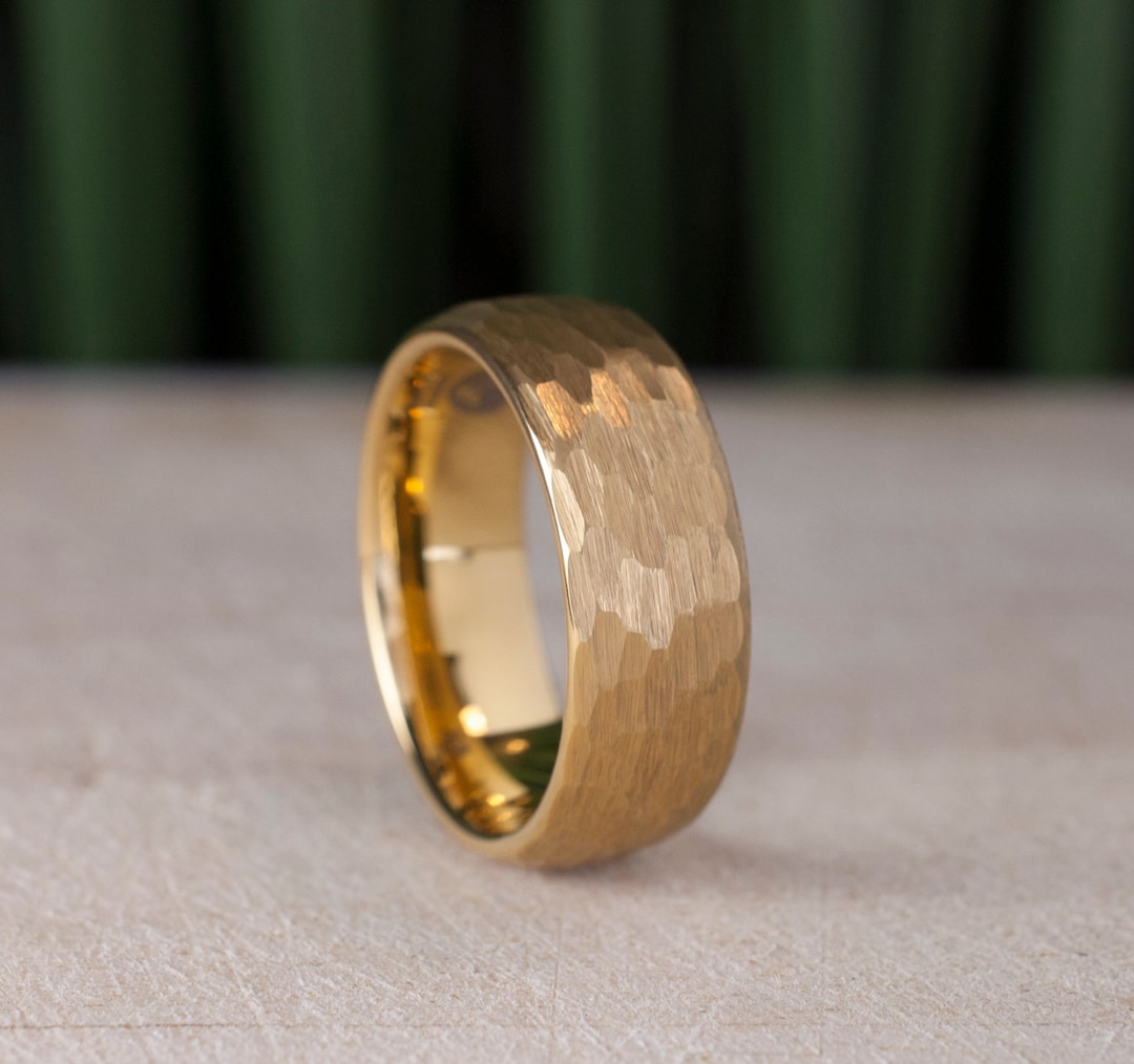 Gold Hammered Tungsten Carbide Ring Men 8MM Wedding Band Etsy