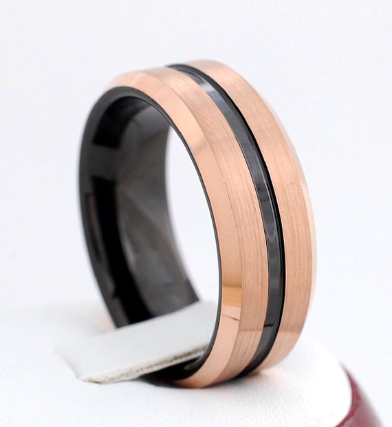 Men Black Tungsten Ring Rose Gold Wedding Band Brush Design 8MM Size 5 to 15 Comfort Fit Anniversary Engagement Love Gift Male Promise Ring