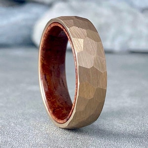 Hammered Rose Gold Wedding Band Wood Inside Tungsten Ring Men Women Rosewood Sleeve Design 6MM Size 5 to 14 His Her Anniversary Gift Idea