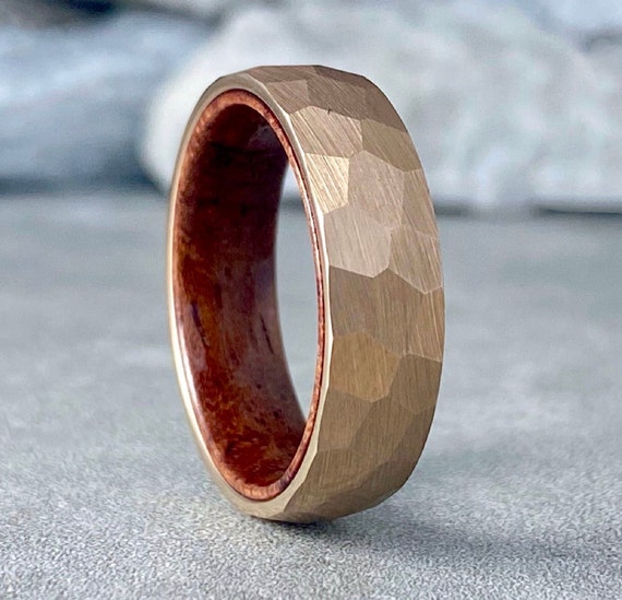 Hammered Rose Gold Wedding Band Wood Inside Tungsten Ring Men Women Rosewood Sleeve Design 6MM Size 5 to 14 His Her Anniversary Gift Idea