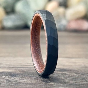 4MM Black Hammered Wedding Band Wood Inside Tungsten Ring Women Unique Thin Satin Rosewood Men Sizes 5 to 13 His Her Anniversary Unique Gift