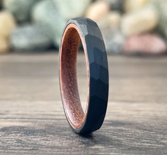 4MM Black Hammered Wedding Band Wood Inside Tungsten Ring Women Unique Thin Satin Rosewood Men Sizes 5 to 13 His Her Anniversary Unique Gift