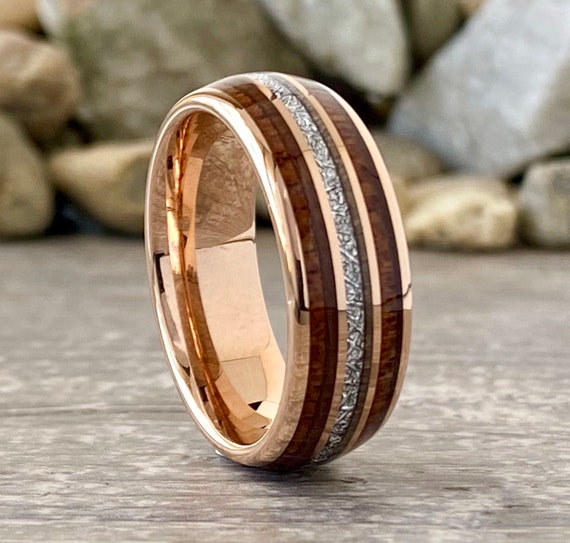 Rose Gold Wedding Band Wood Meteorite Inlay Tungsten Ring Domed Design 8MM Size 5 to 15 Male Anniversary Gift His Engagement Promise Ring