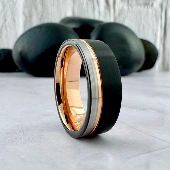 Rose Gold Black Grey Tungsten Wedding Band Men Brushed Engagement Three Tone Ring 8MM Width