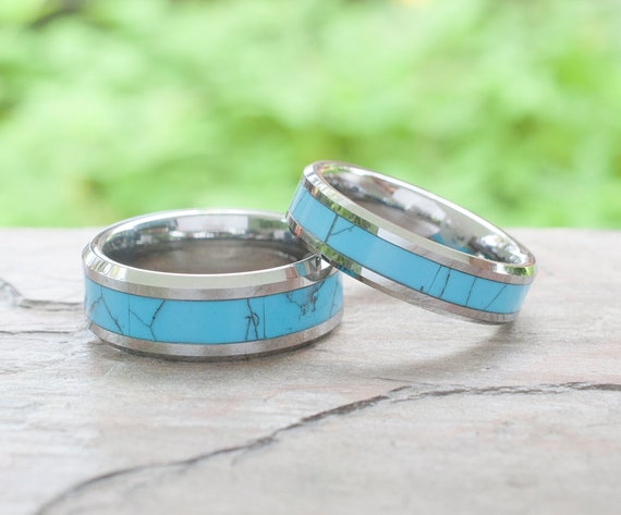 Tungsten Ring Turquoise Wedding Bands Men Women Anniversary Gift 8MM 6MM Size 4 to 15 Love His or Her Single Or Set Engagement Duo Love Ring