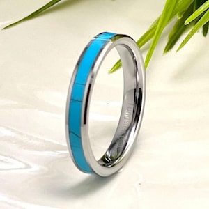 Thin Turquoise Tungsten Ring Wedding Band Men Women Anniversary Gift 4mm Size 4 to 14 Husband Wife Promise Engagement Ring