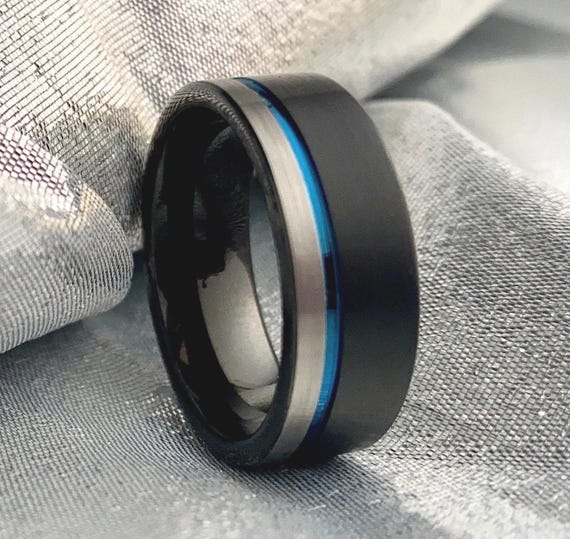 Black and Gray Tungsten Ring, Blue Channel Inlay, Brushed Wedding Band (8MM) Christmas Gift For Him