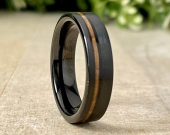 Black Tungsten Ring Men Women Wedding Band Whiskey Barrel Wood Inlay 6mm Comfort Fit Size 5 to 14 His And Hers Anniversary Ring Gift Idea