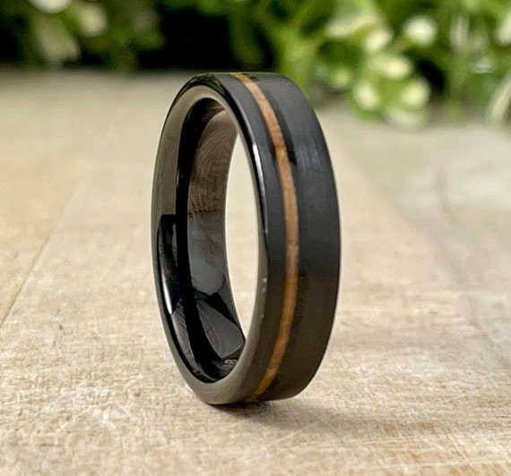 Black Tungsten Ring Men Women Wedding Band Whiskey Barrel Wood Inlay 6mm Comfort Fit Size 5 to 14 His And Hers Anniversary Ring Gift Idea