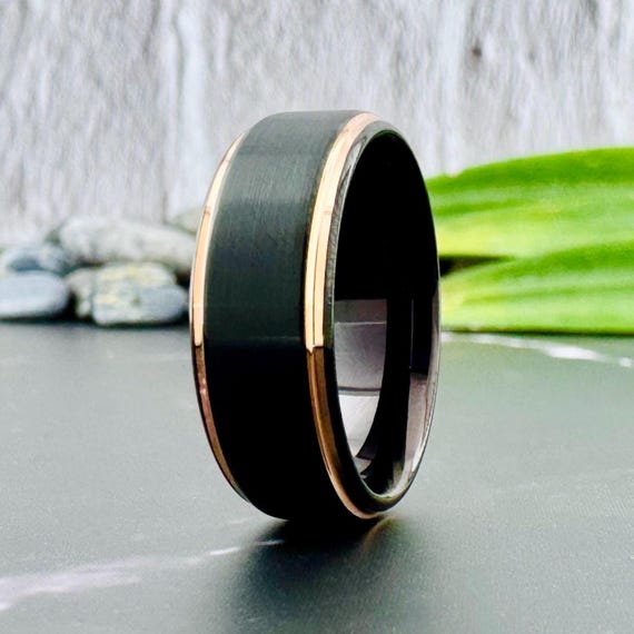 Men Black Wedding Band with Rose Gold Beveled Thin Lines, Women Classic Brushed Design Tungsten Ring 8mm His Hers Anniversary Special Gift