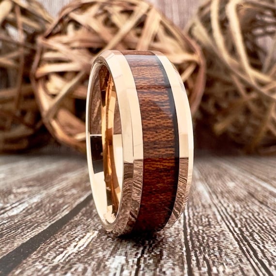Rose Gold Koa Wood Ring Men Women Wedding Band Polished Beveled 8MM