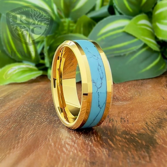 Turquoise Ring Men Women Gold Wedding Band 8mm Tungsten Comfort Fit Promise Engagement Ring