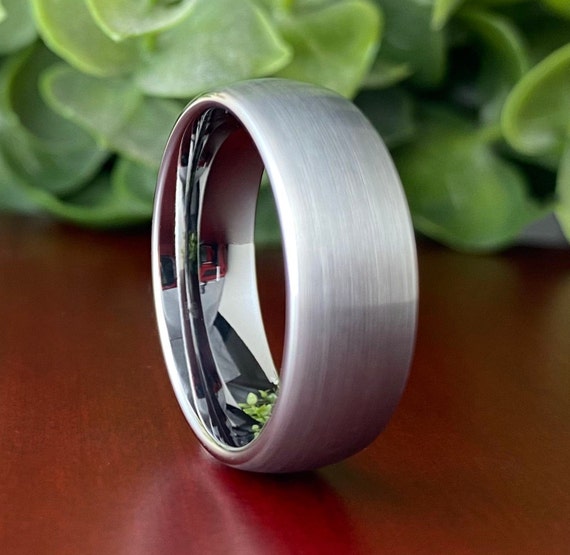 Mens Grey Wedding Band Tungsten Carbide Ring Brushed Jewelry Design 8MM Sizes 5 to 15 Best His Or Her Wedding Anniversary Gift Comfort Fit