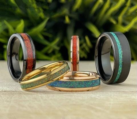 Tungsten Men's Wedding Band With Blue & Green Opal Inlay Size 13.5