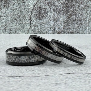 Black Ring Deer Antler Inlay Wedding Band Set Men Women Tungsten Ring With  His and Hers Wedding Anniversary Band 8MM 6MM 4MM Size 4 to 15