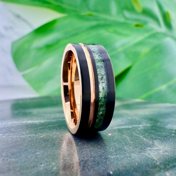 Moss Agate Rose Gold and Black Tungsten Ring Men's Wedding Engagement Band 8MM