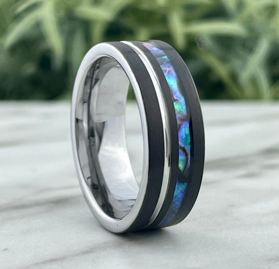 Abalone Shell Grey Black Men Wedding Band Tungsten Ring 8MM Mother Of Pearl Size 5 to 15 Male Unique Anniversary Engagement Gift