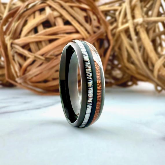 Deer Antler and Wood Tungsten Ring Black Statement Wedding Band 6mm Men or Women