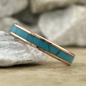 Tungsten Ring Rose Gold Turquoise Wedding Band Women Men Thin Ring Shiny Polished Finish 4MM Size 5 to 14 His Hers Anniversary Engagement