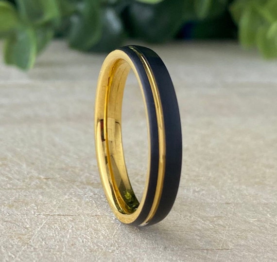 Tungsten Ring Black Yellow Gold Wedding Band Thin Women Men Matte Brush Design 4MM Size 4 to 14 Her Anniversary Engagement Promise Gift