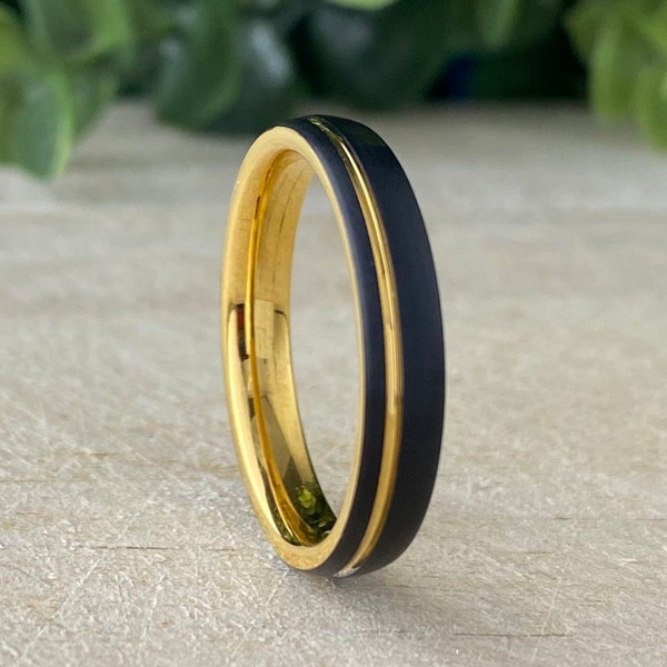 Tungsten Ring Black Yellow Gold Wedding Band Thin Women Men Matte Brush Design 4MM Size 4 to 14 Her Anniversary Engagement Promise Gift