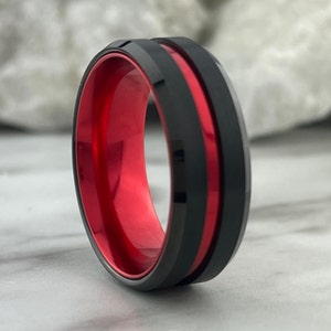 Black Red Wedding Band Men Tungsten Ring 8mm Size 5 to 14 Great Anniversary Gift Comfort Fit Engagement Promise Ring Personal Engraving