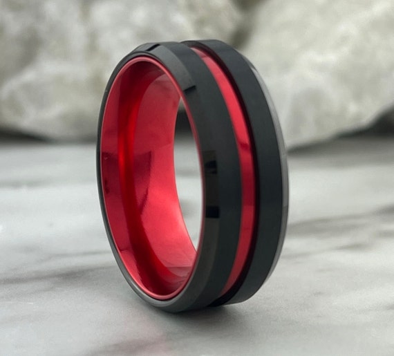 Black Red Wedding Band Men Tungsten Ring 8mm Size 5 to 14 Great Anniversary Gift Comfort Fit Engagement Promise Ring Personal Engraving