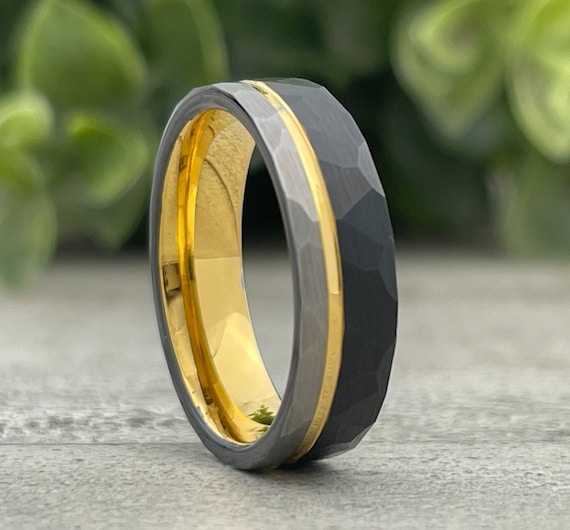 Yellow Gold Wedding Band Hammered Black Grey Brushed Tungsten Ring Women Men 6MM Size 4 - 14 Anniversary Engagement Gift Engraving Available