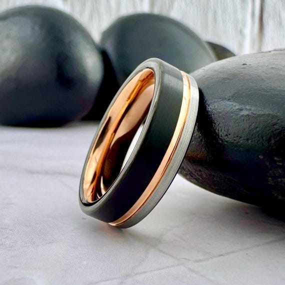 6MM Rose Gold Black and Gray Wedding Band for Women Men Triple Color Brushed Tungsten Ring Comfort Fit Promise Engagement Ring