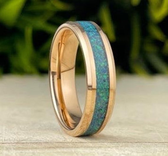 Rose Gold Tungsten Ring Green Blue Peacock Opal Wedding Band Men Women 6MM Beveled Design Size 5 to 14 His Her Anniversary Engagement Gift