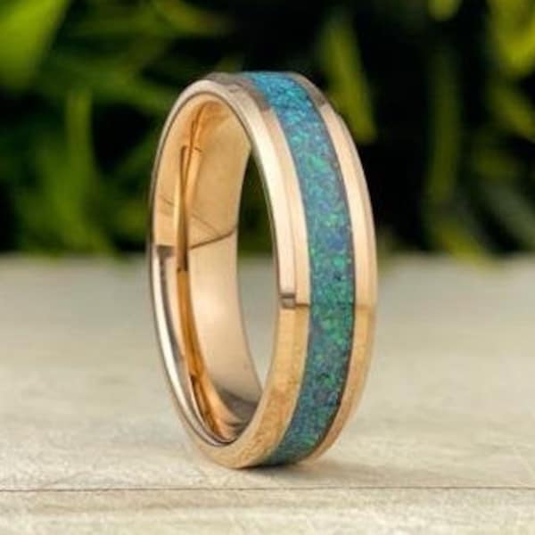 Rose Gold Tungsten Ring Groen Blauw Peacock Opal Wedding Band Mannen Vrouwen 6MM Afgeschuinde Ontwerp Maat 5 tot 14 Zijn Haar Verjaardag Verlovingscadeau