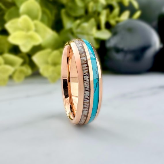 Deer Antler Turquoise Wedding Band Rose Gold Polished Tungsten Ring Domed Design 6MM