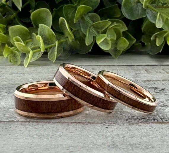 Rose Gold His and Hers Wedding Band Set Wood Inlay Tungsten Ring Men Women Wedding Anniversary Band 8MM 6MM 4MM Size 4 to 15