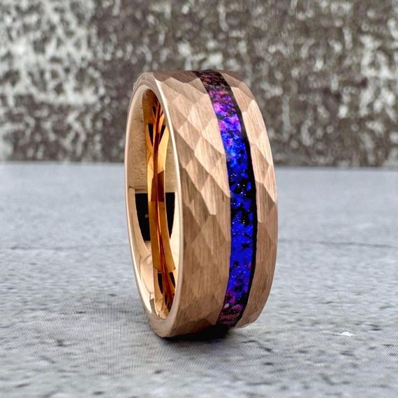 Rose Gold Nebula Space Galaxy Tungsten Ring Alexandrite Hammered Mens Wedding Band Purple Anniversary Engagement Ring 8mm