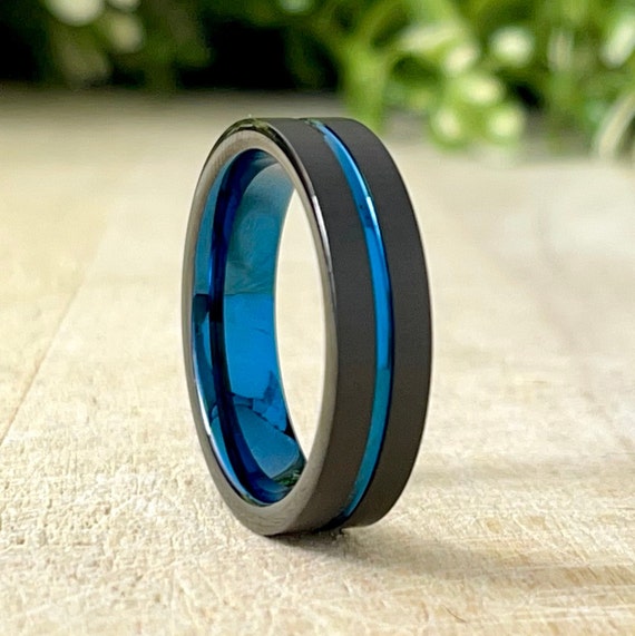 Black Blue Men Wedding Band Tungsten Carbide Ring Brushed Women Anniversary Gift 6MM Size 4 to 14 His And Her Engagement Promise Ring