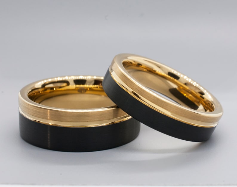 6MM Gold Tungsten Ring Men Women Black Wedding Band Two Tone Brushed Design Male Wife Anniversary Engagement Marriage Gift Sizes 5 to 14