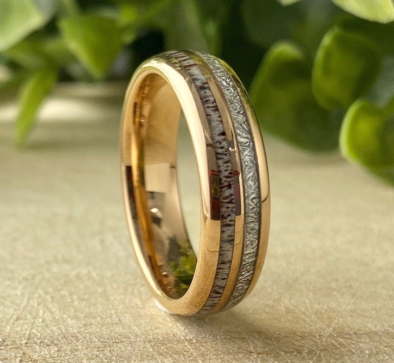 Rose Gold Tungsten Wedding Ring 6MM Deer Antler Meteorite