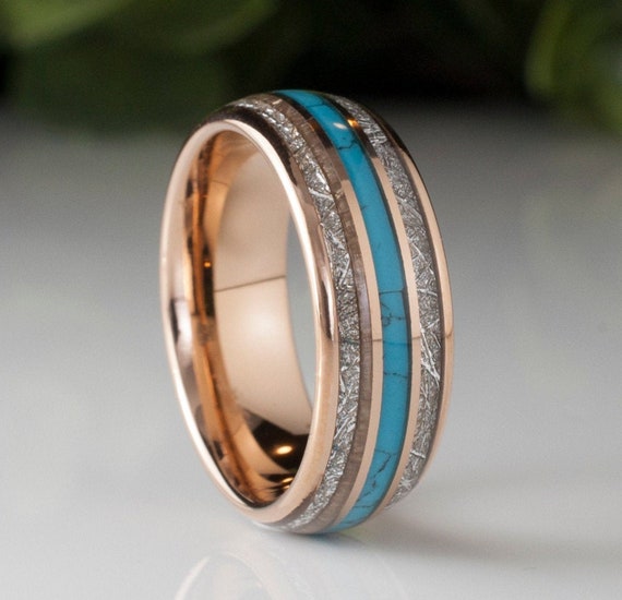 Rose Gold Tungsten Ring Meteorite Turquoise Triple Inlay Handcraft Wedding Band Men Women 8MM Size 5 to 15 His Her Anniversary Engagement